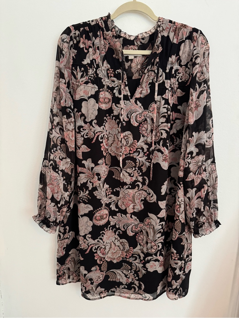 LOFT Black Long-Sleeve Paisley Print Tunic Dress with Blush Accents